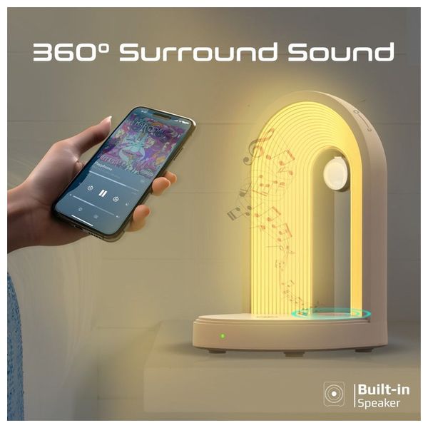 شاحن لاسلكي بروميت - 15واط - مع سماعة بلوتوث ليد وإضاءة ليلية – صوت 3 واط - ابيض