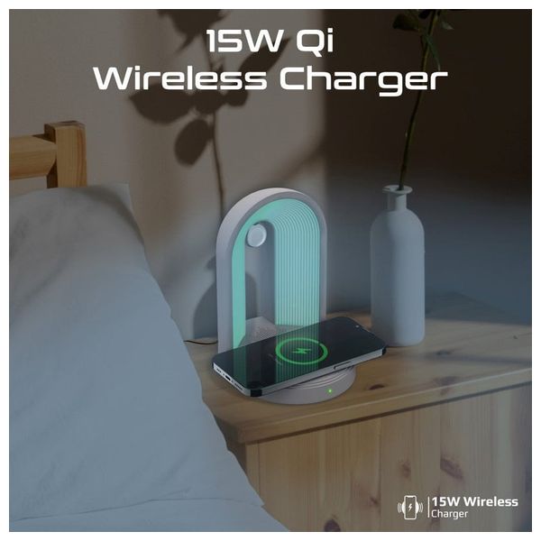 شاحن لاسلكي بروميت - 15واط - مع سماعة بلوتوث ليد وإضاءة ليلية – صوت 3 واط - ابيض