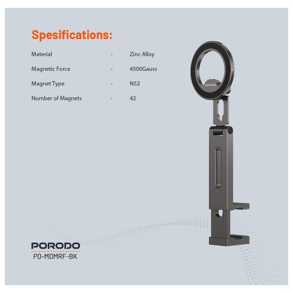  MacSafe Porodo Phone Holder - Magnetic Desk Mount - 360° Rotation - Foldable - Black 