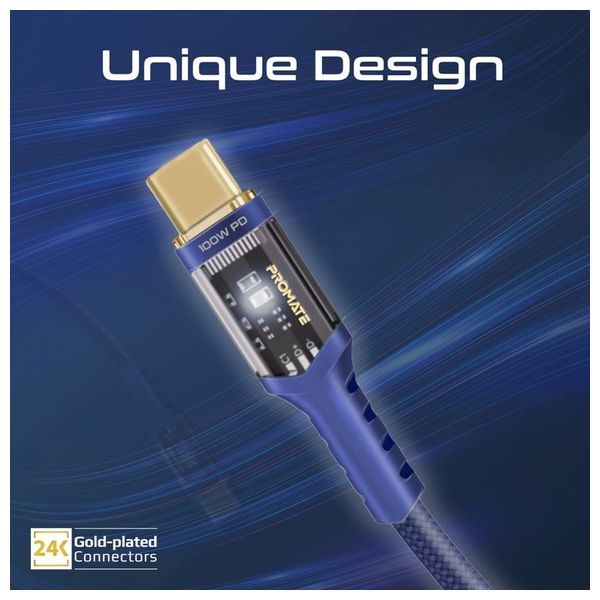  Promate Charging Cable - USB-C to USB-C - 100W - LED Light - 1.2m - Navy 