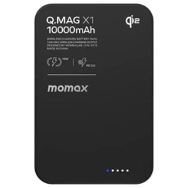  باور بانك موماكس - بسعة 10000 مللي امبير- شحن لاسلكي مغناطيسي Qi2 - كيبل يو اس بي سي مدمج - قوة 20 واط - أسود 