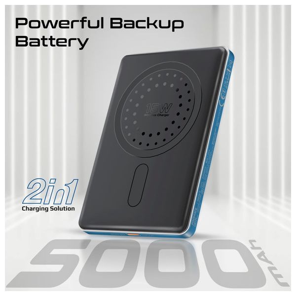  باور بانك بروميت - لاسلكي ماك سيف - بسعة 5000 مللي امبير - شحن 15 واط - منفذ يو اس بي سي 20 واط - ازرق 