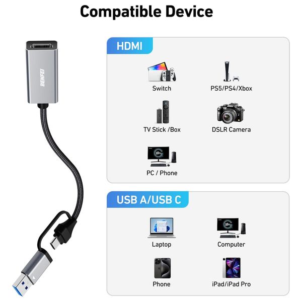  BENFEI Video Capture Card - HDMI to USB and USB-C - Gray 