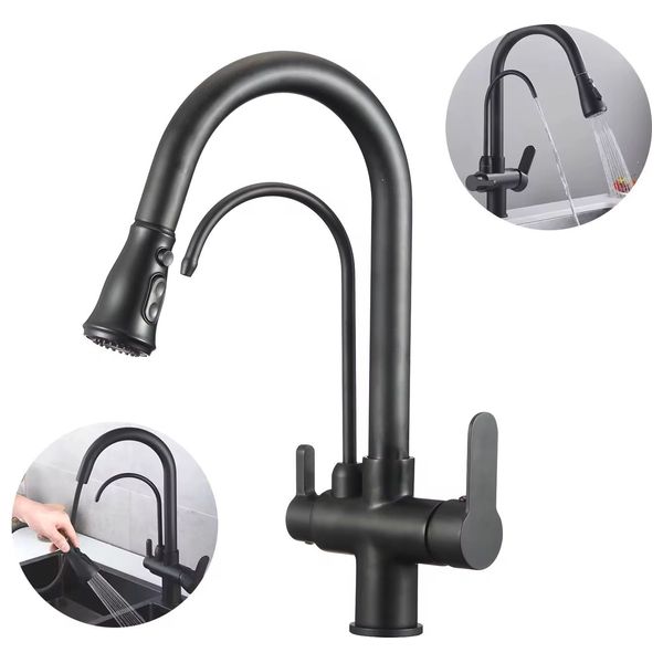 Lazord Dual-spout kitchen Faucet with pull-out Sprayer - Matt Black