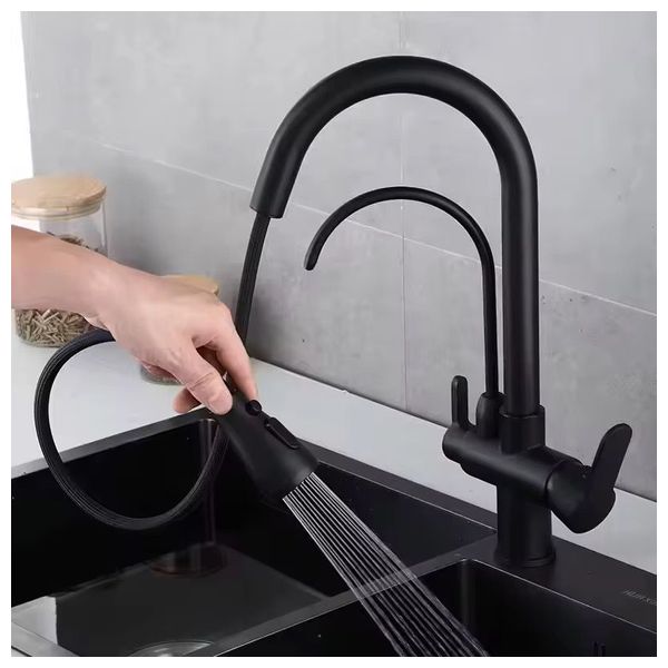 Lazord Dual-spout kitchen Faucet with pull-out Sprayer - Matt Black