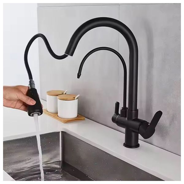 Lazord Dual-spout kitchen Faucet with pull-out Sprayer - Matt Black