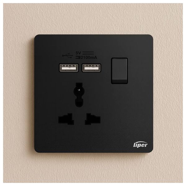 Lazord Universal Wall Socket With USB Ports and Switch - Black