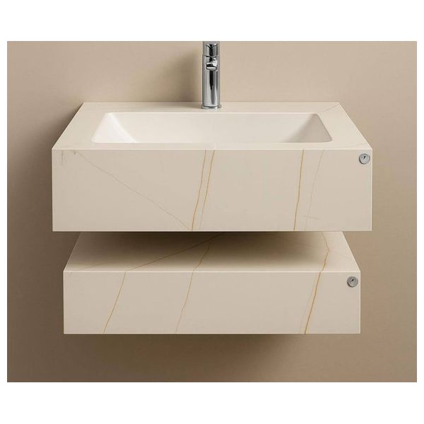 لازورد مغسلة بورسلان حائط + رف سفلي + مرآة مدفأة بإضاءة LED - 60-1a25 - بيجي فاتح