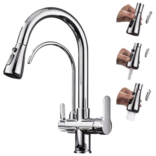 Lazord Dual-spout kitchen Faucet with pull-out sprayer - Nickel Copper