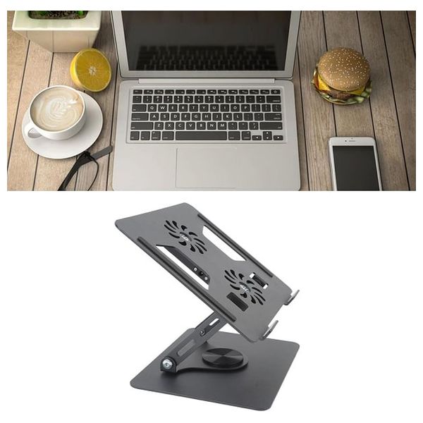  ستاند  كمبيوتر محمول قابل للطي من الألومنيوم من Yl - مع مروحتي تبريد - يدور 360 درجة - أسود 