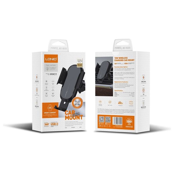  LDNIO mw21-1– Car Phone Holder with Wireless Charger – Rotation 360° – Black 