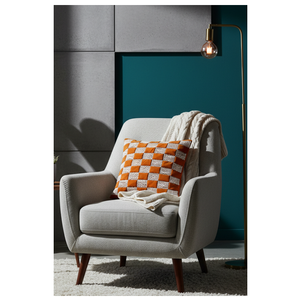  صدف وسادة منقوشة بمربعات بيج منسوجة - برتقالي 