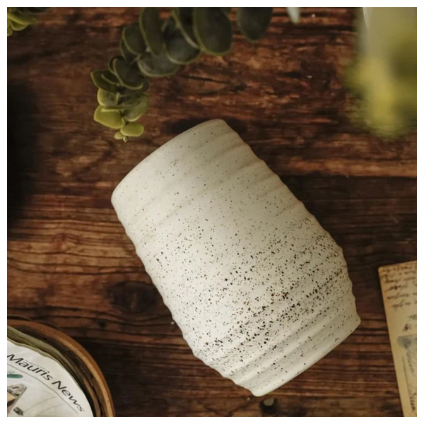  SADAF L186 - Ribbed Speckled Stoneware Vase - Ceramic White 