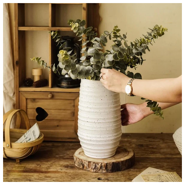  SADAF L186 - Ribbed Speckled Stoneware Vase - Ceramic White 