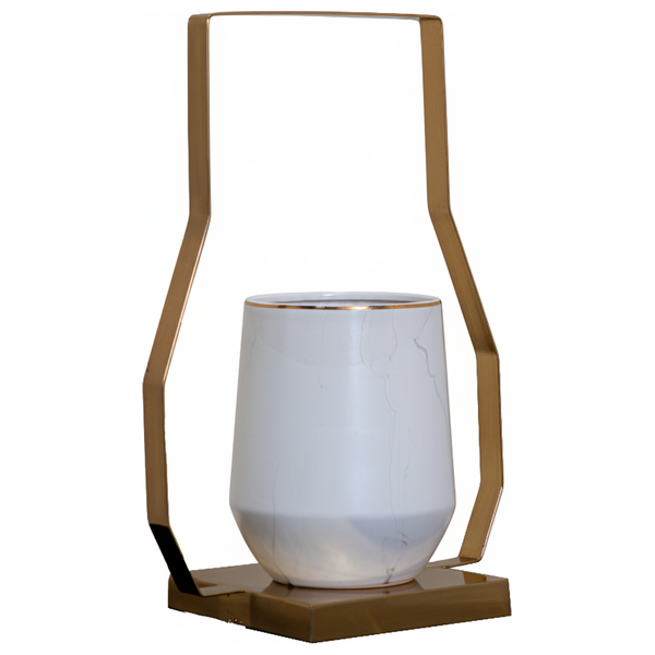  صدف إطار نحاسي هندسي ومزهرية سيراميك بمظهر رخامي - 703C1 - ابيض لؤلؤي 