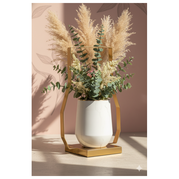  صدف إطار نحاسي هندسي ومزهرية سيراميك بمظهر رخامي - 703C1 - ابيض لؤلؤي 