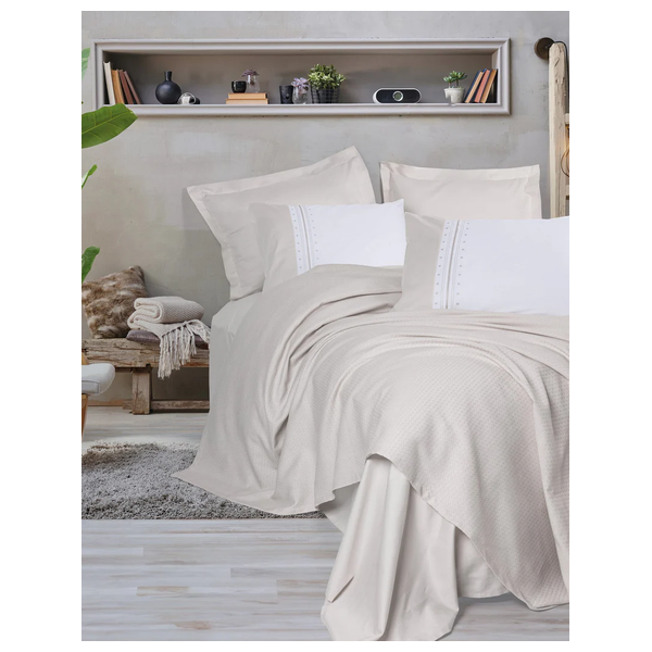  SADAF Bedspread Set, Double , 220 x 230cm - 6 Piece - Stone 
