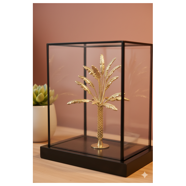  صدف منحوتة شجرة نخيل صغيرة في علبة عرض زجاجية سوداء - J18 