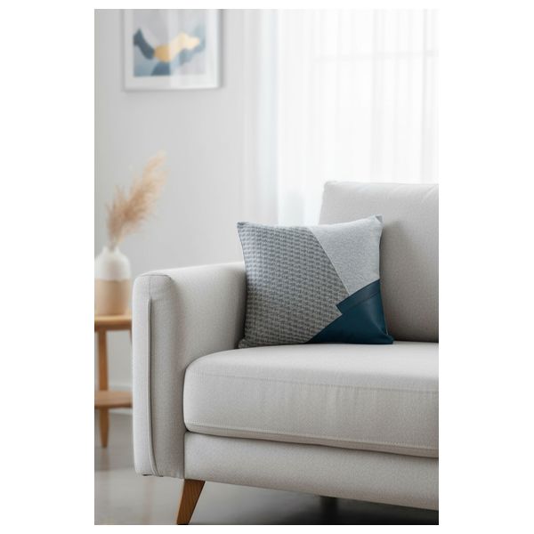SADAF Geometric Block Pillow with Faux Leather Corner - Gray