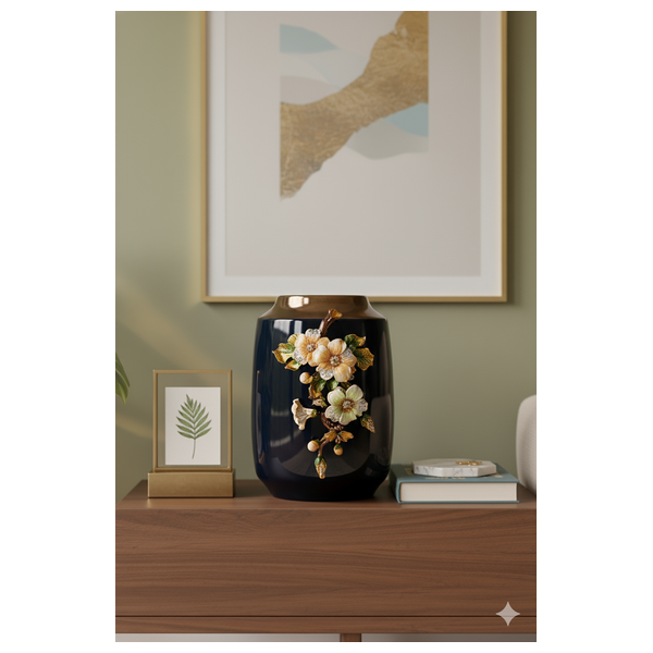  SADAF Short Jeweled Floral Navy Blue Decorative Vase - 3065 