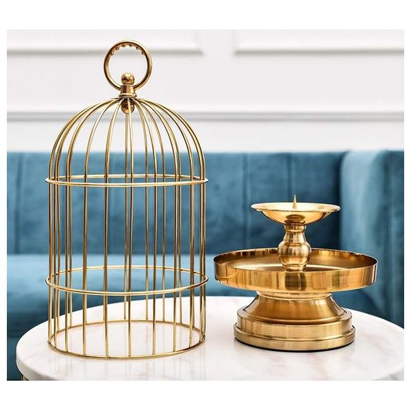  صدف حامل شموع مزخرف على شكل قفص طيور - D616B - ذهبي 