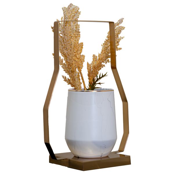  صدف إطار نحاسي هندسي ومزهرية سيراميك بمظهر رخامي - 703C1 - ابيض لؤلؤي 