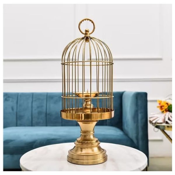  صدف حامل شموع مزخرف على شكل قفص طيور - D616A - ذهبي 