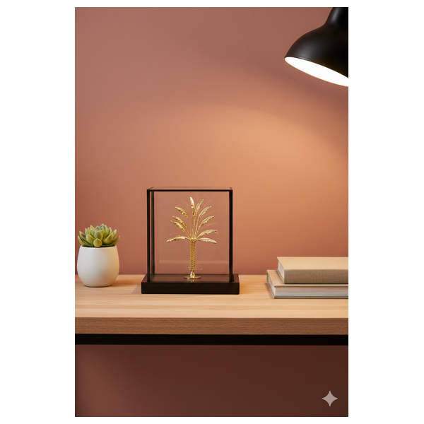  صدف منحوتة شجرة نخيل صغيرة في علبة عرض زجاجية سوداء - J18 