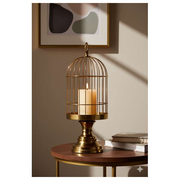  صدف حامل شموع مزخرف على شكل قفص طيور - D616A - ذهبي 