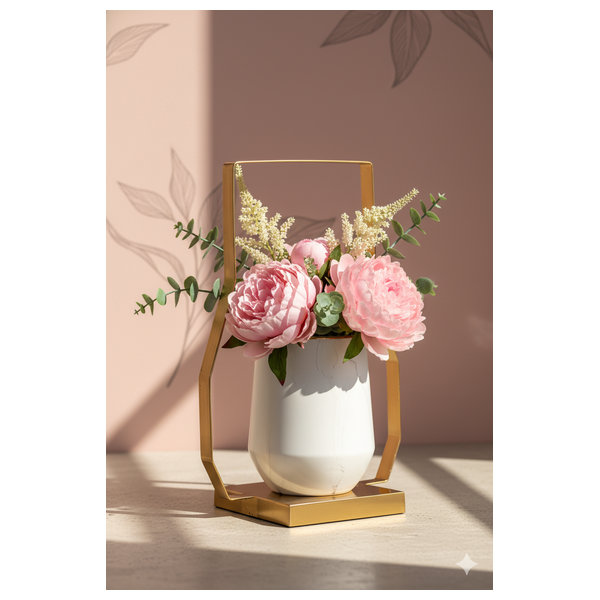  صدف إطار نحاسي هندسي ومزهرية سيراميك بمظهر رخامي - 703C1 - ابيض لؤلؤي 