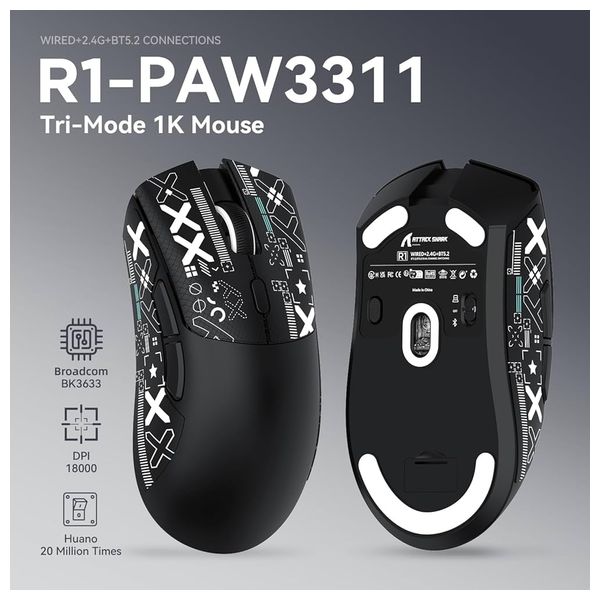  ATTACK SHARK MATTR1BL - Wireless Gaming Mouse - Up to 18000 DPI -  Black 