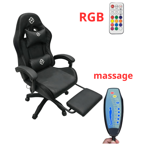  No Brand - Luxury Leather Gaming Chair - Adjustable Back & Footrest Dual Cushions - Massage - RGB - Full Controller 