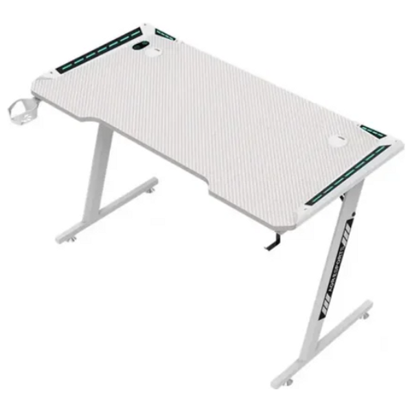  Gaming Desk T418 - LED RGB Lights Along Edges - Cup Holder; Headset Stand - White 