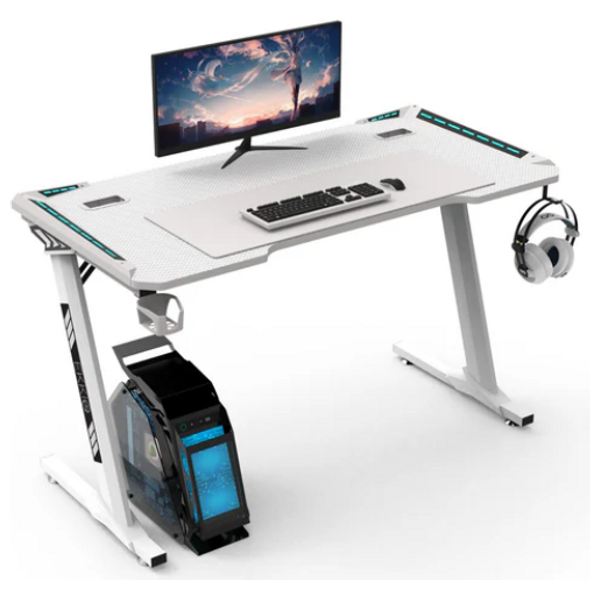  Gaming Desk T418 - LED RGB Lights Along Edges - Cup Holder; Headset Stand - White 