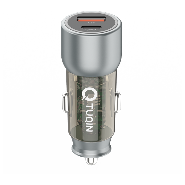 شاحن سيارة كيو-توكين - شحن سريع - منافذ يو اس بي وتايب سي  - 38 واط كحد أقصى - رمادي
