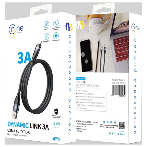 Nine CL 018 - Cable USB To USB-C - 1m - 18W - With Keychain - Black
