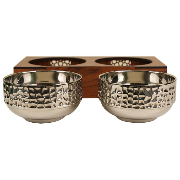 Seen Serving Bowl With Wooden Stand Set - 2 piece - Silver