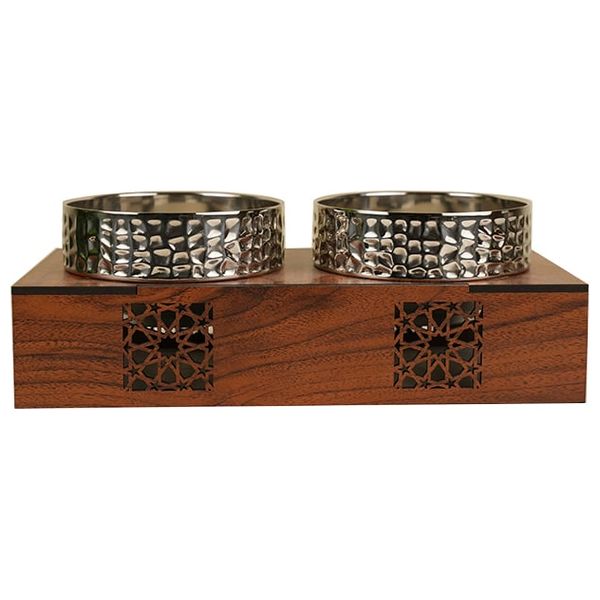 Seen Serving Bowl With Wooden Stand Set - 2 piece - Silver