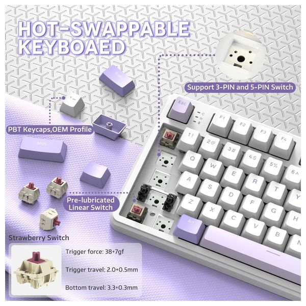  لوحة مفاتيح ميكانيكية لاسلكية اتاك شارك - X87 - بطارية بحجم 4000 مللي امبير - اضاءة RGB - بنفسجي 