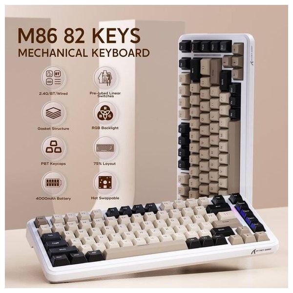  لوحة مفاتيح ميكانيكية لاسلكية اتاك شارك - M86 - بطارية بحجم 4000 مللي امبير - اضاءة RGB - ابيض 