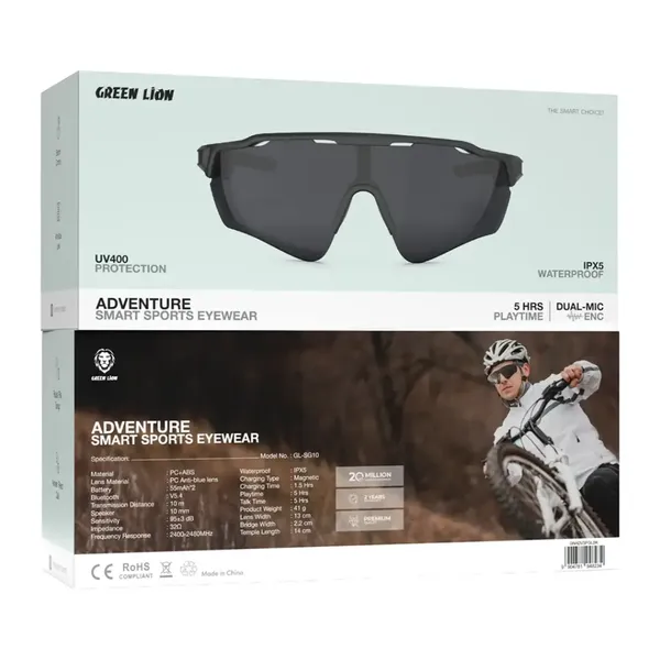 Green Lion Smart Sports Eyewear - Waterproof with Built in Speakers - Black