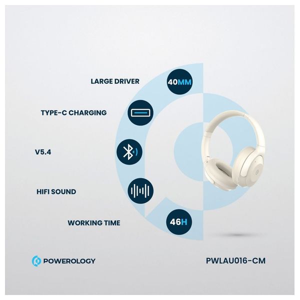 سماعة بلوتوث حول الاذن باورولوجي - PWLAU016 CM - بطارية بحجم 600 مللي امبير - بلوتوث 5.4 - كريمي