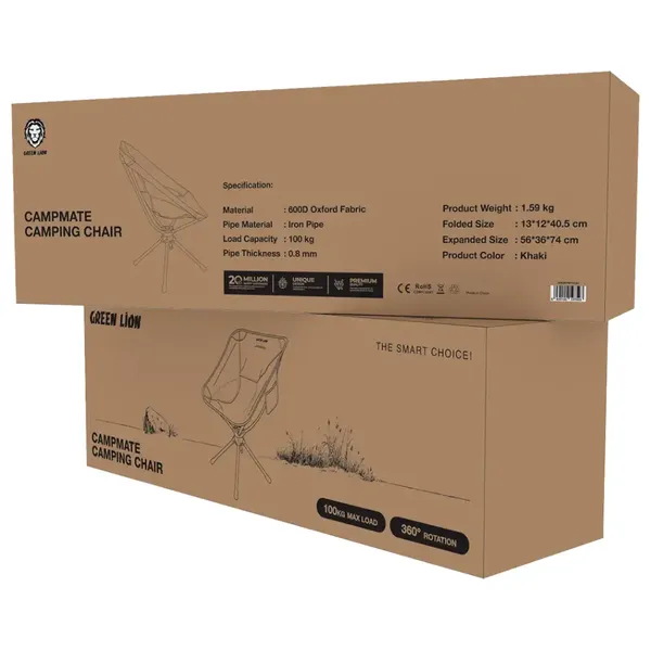  Green Lion CampMate - Durable Camping Chair - Foldable Design with 360° Rotation - Khaki 