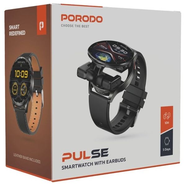  Porodo Pulse Smartwatch with Earbuds and Black Leather Band - Up to 5 days - Black 