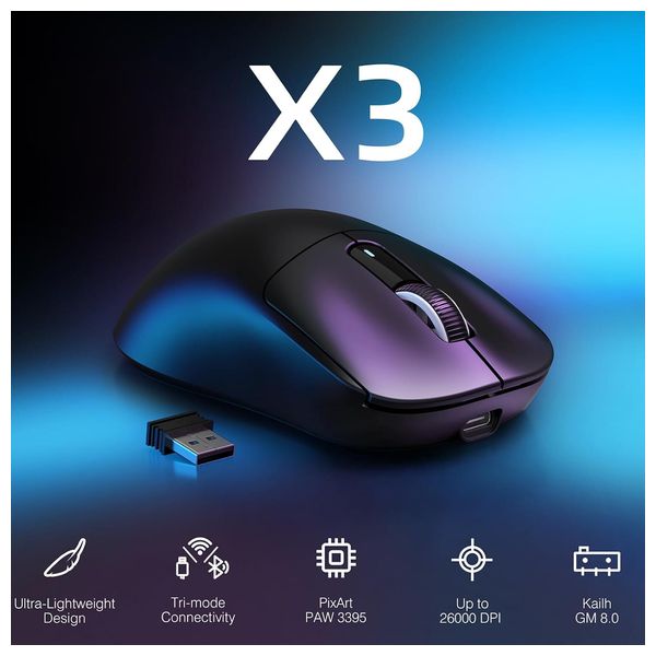  Attack Shark X3 - Wireless Gaming Mouse - Up To 200 hour - 26000 DPI - Black 