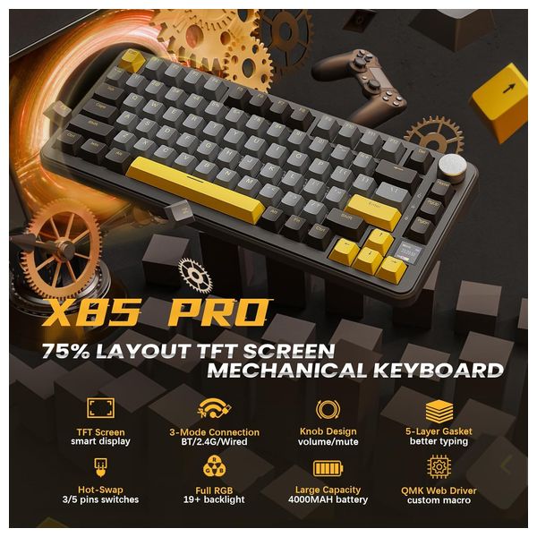  لوحة مفاتيح ميكانيكية لاسلكية اتاك شارك - X85 برو - بطارية بحجم 4000 مللي امبير - اضاءة RGB - اسود 