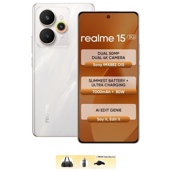 Realme 15 5G - 6.8 inch 144Hz - Dimensity 7300+ 5G - 7000mAh, 80W + Bag + Water Bottle + Sun Hat