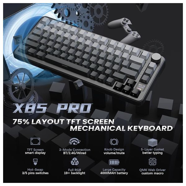  لوحة مفاتيح ميكانيكية لاسلكية اتاك شارك - X85 برو - بطارية بحجم 4000 مللي امبير - اضاءة RGB - اسود 