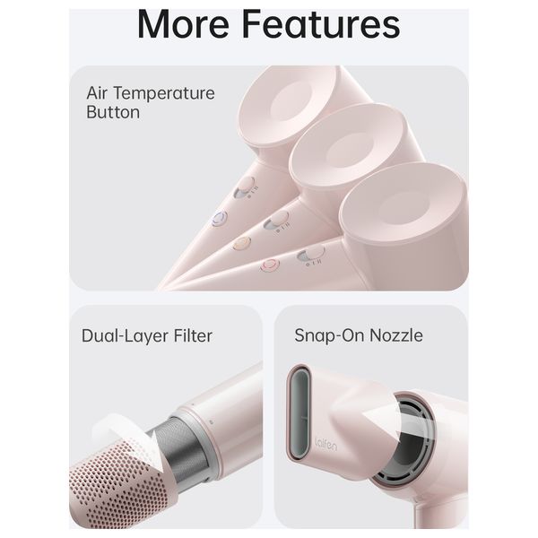Laifen SE Lite - 1400W - Hair Dryer with Powerful Airflow and Precise Temperature Control - 2.5m - Pink + Hair Brush