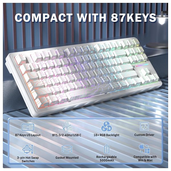  لوحة مفاتيح ميكانيكية لاسلكية اتاك شارك - M87 Pro V2 - بلوتوث 5 - اضاءة RGB - بطارية بحجم 5000 مللي امبير - ابيض 